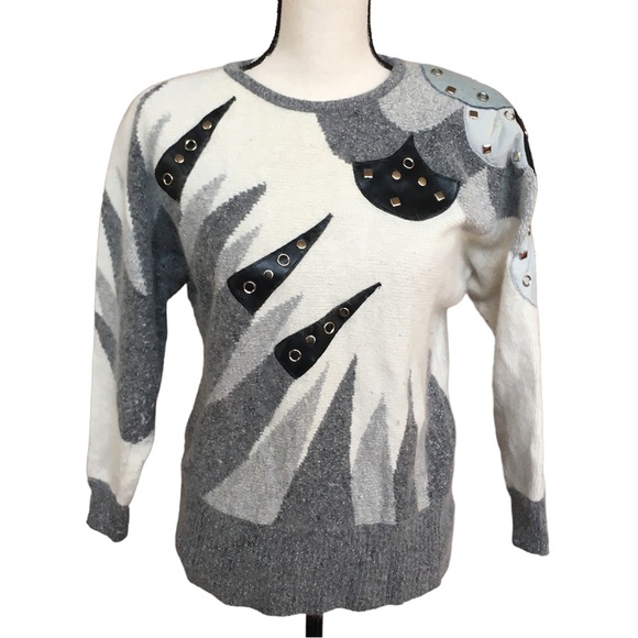 Vintage 80s IB Diffusion Cream Grey Black Graphic Studded Mohair Sweater M - Picture 6 of 8